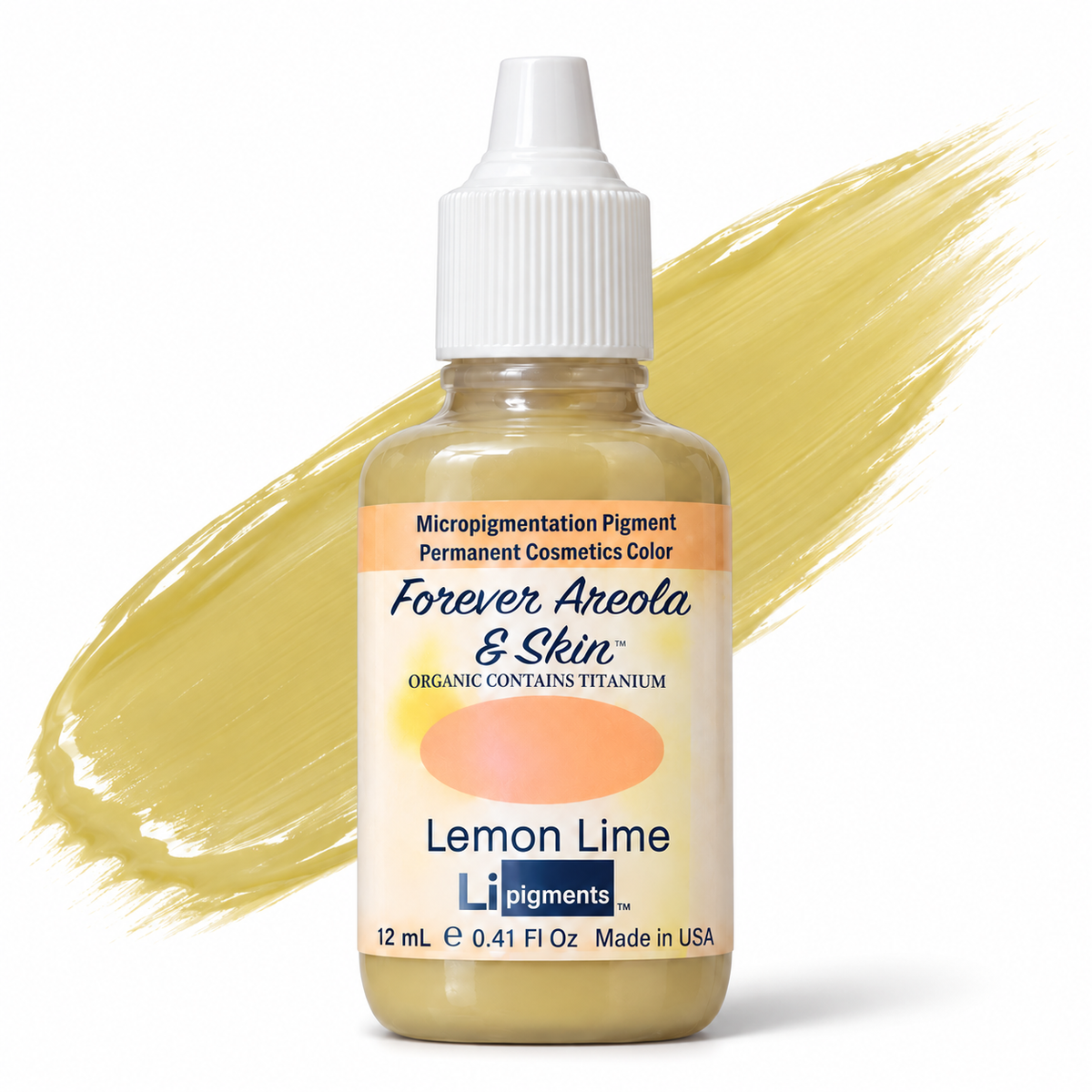 Li Pigments Forever Areola & Skin Lemon Lime Pigment 12ml - bottle with liquid pigment colour swipe
