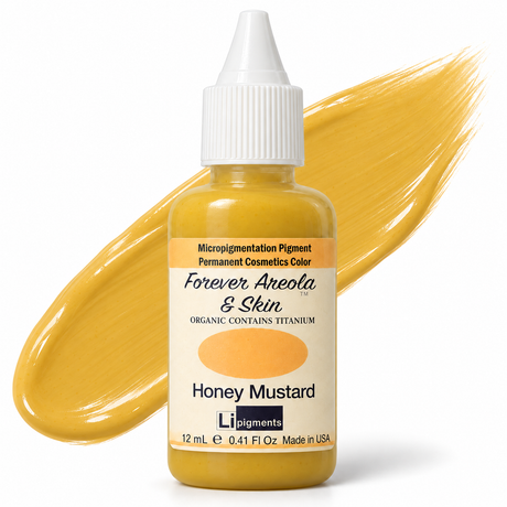 Li Pigments Forever Areola & Skin Honey Mustard 12ml — bottle with illustrative liquid pigment colour smear