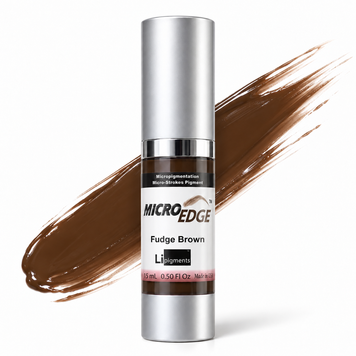 Li Pigments Micro Edge Fudge Brown Pigment 15ml — bottle with a liquid pigment colour swipe