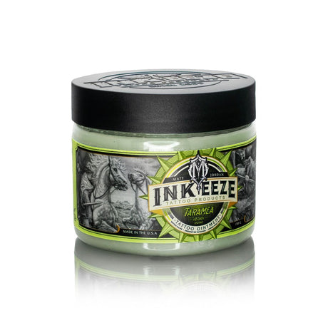 Inkeeze x Matt Jordan Taramea tattoo ointment in a 150g jar, with product label visible and cosmetic packaging.