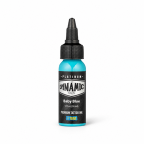 Platinum By Dynamic Tattoo Ink Baby Blue 30ml bottle on a white background with a natural shadow