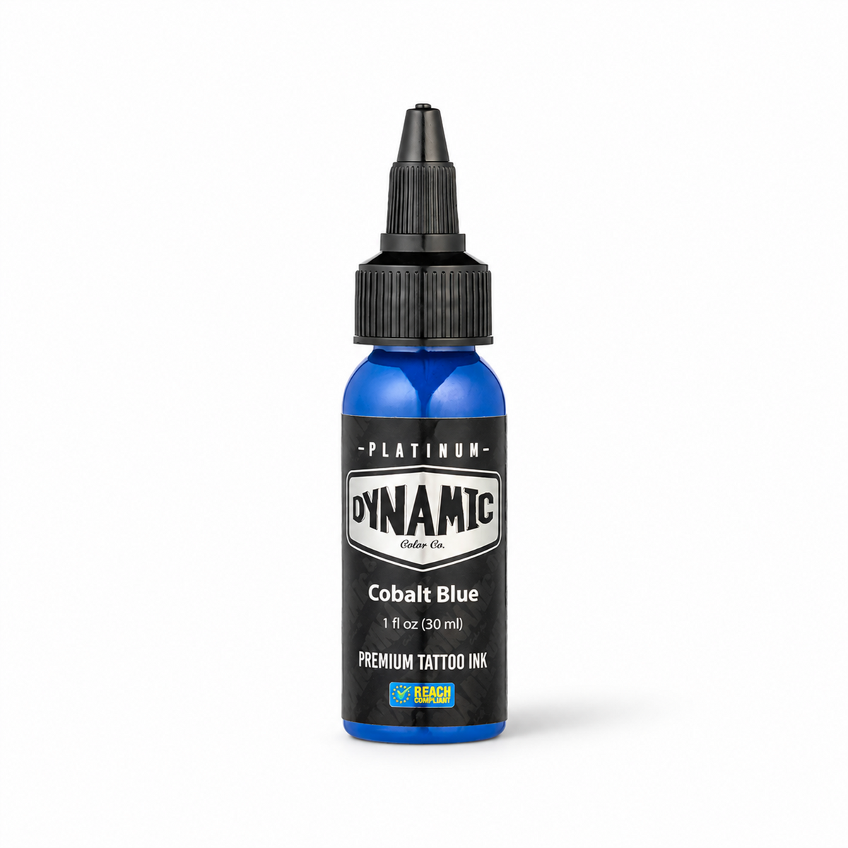 Platinum By Dynamic Tattoo Ink Cobalt Blue 30ml bottle on a white background with a natural shadow