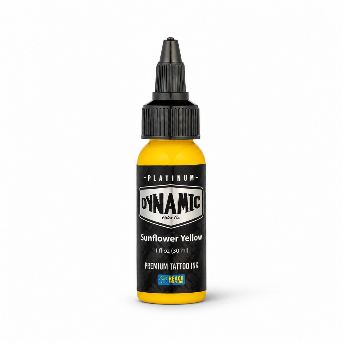 Platinum By Dynamic Tattoo Ink Sunflower Yellow 30ml bottle on a white background with a natural shadow