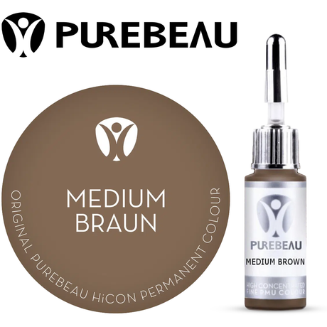 Purebeau Medium Brown 10ml HiCON eyebrow pigment bottle and colour swatch