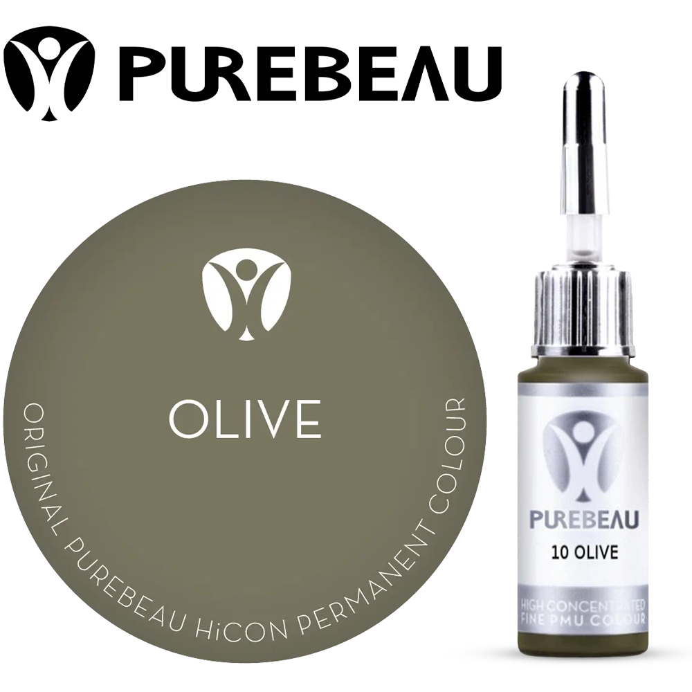 Purebeau Olive 10ml HiCON eyebrow pigment bottle and colour swatch