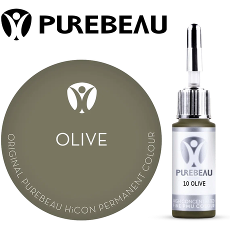Purebeau Olive 10ml HiCON eyebrow pigment bottle and colour swatch