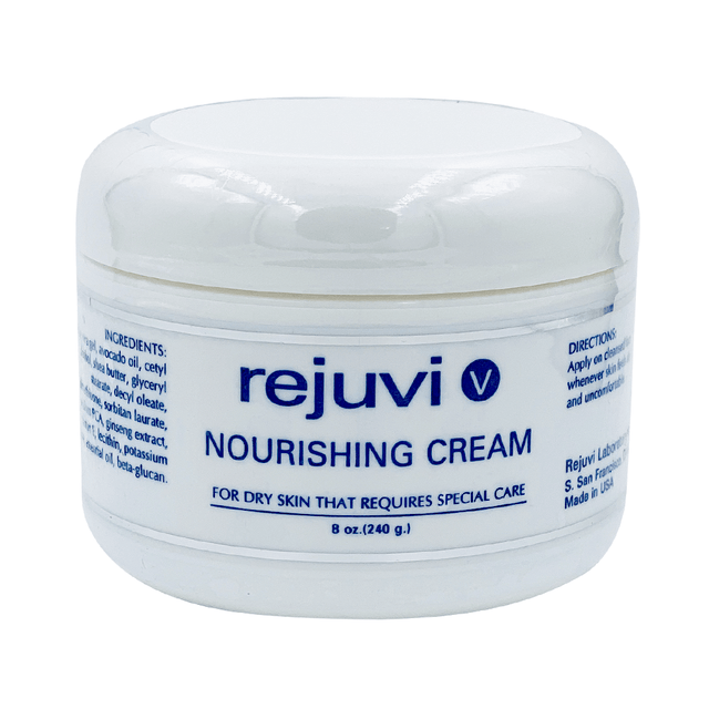 Rejuvi v Nourishing Cream 240g jar, front label