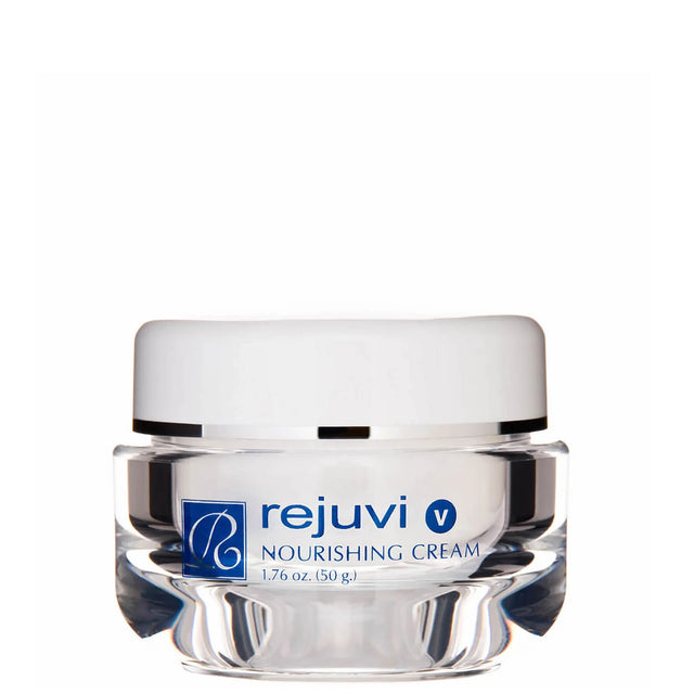 Rejuvi v Nourishing Cream 50g, reflective 50g jar with a white lid