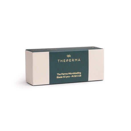 Set of 50 The Perma Microblading Blades U18 0.18mm for precise eyebrow embroidery, displayed in a clear container.